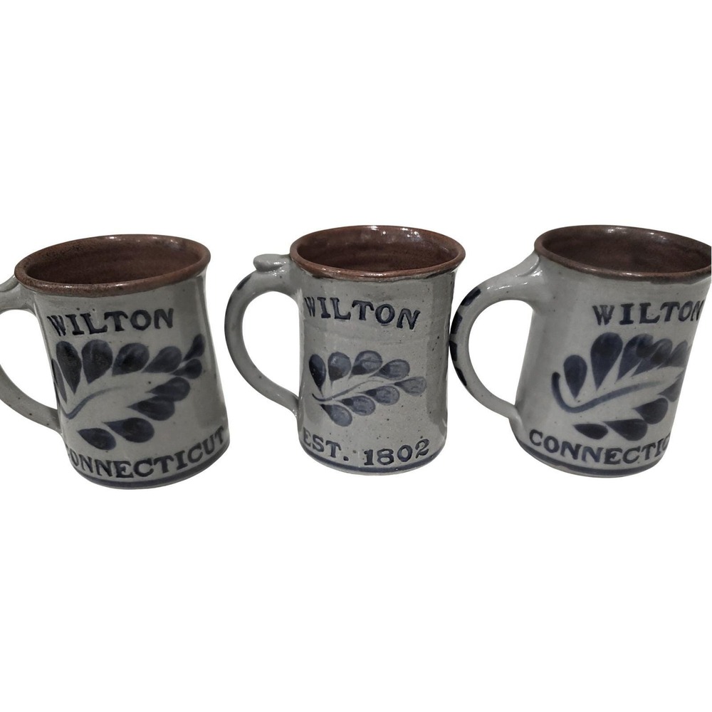 3 Vintage Harvey Pottery Salted Glaze Stoneware Wilton Ct. 1802 Mug Blue Cup Tea
